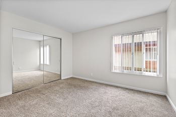 A room with a carpeted floor, a large mirror, and a window with blinds.